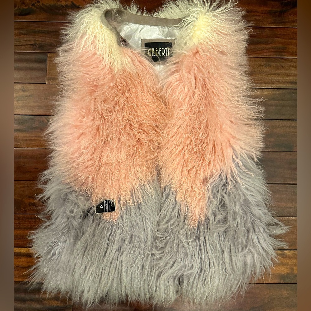 Gilberti Fur company Real Lamb Shaggy Wool Pink Gray and White Vest